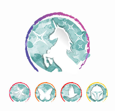 A vector illustration set of Unicorn and star with Water Color Circle Backgroundのイラスト素材