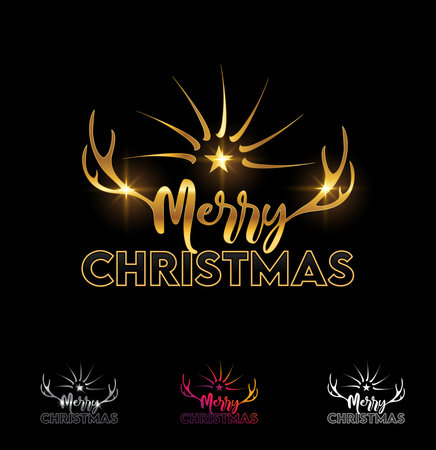A Vector Illustration set of Golden Merry Christmas Text with Deer Antlerのイラスト素材