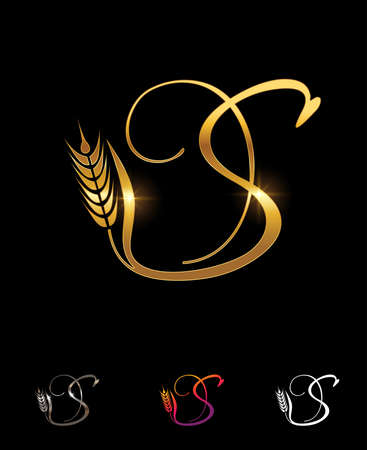 A Vector Illustration set of Golden Wheat and Grain Monogram Initial Letter S in black background with gold shine effectのイラスト素材