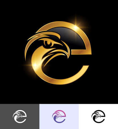 A vector illustration set of Golden Eagle Monogram Initial Letter E in black background with gold shine effectのイラスト素材