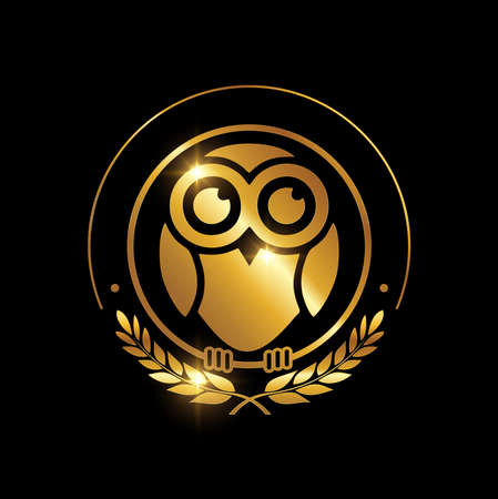 A vector Illustration of Golden Owl Symbol Logo Sign in Black Background with Gold Shine Effectのイラスト素材