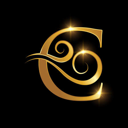 A vector illustration of Golden Luxury Swoosh Initial Letter C Logo in black background with gold shine effectのイラスト素材