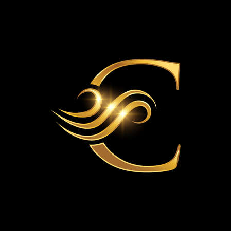 A vector illustration of Golden Luxury Swoosh Initial Letter C Logo in black background with gold shine effectのイラスト素材