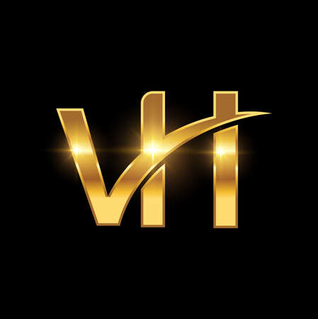 A vector Illustration set of Golden VH Monogram Initial Logo Sign in black background with gold shine effectのイラスト素材