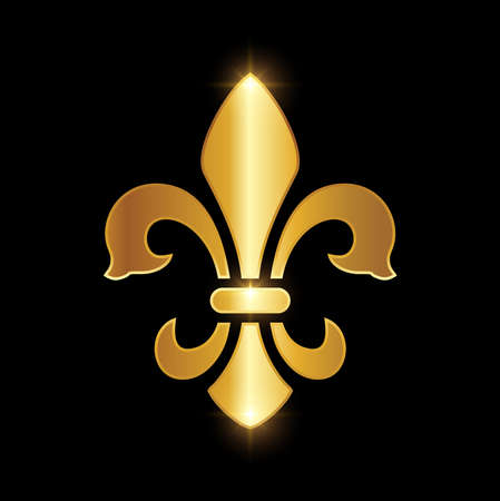A vector illustration of Golden Fleur De Lis Logo Sign in black background with gold shine effectのイラスト素材