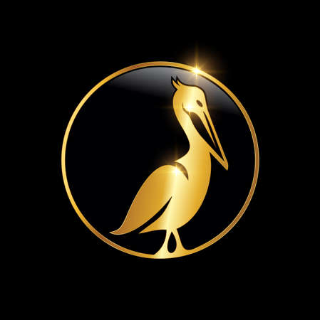 A vector Illustration of Golden Pelican Bird Logo Sign in black background with gold shine effectのイラスト素材