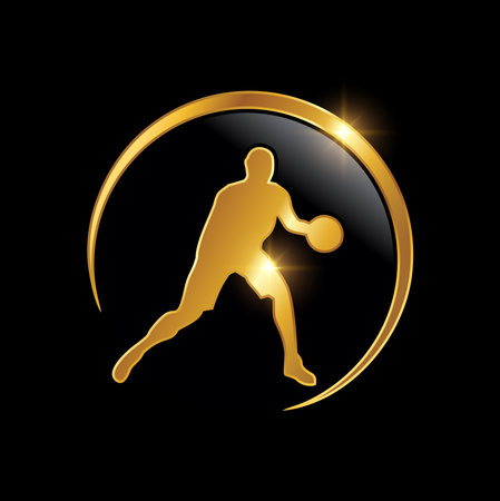A vector illustration of Golden Playing Basketball Logo Sign in black background with gold shine effectのイラスト素材