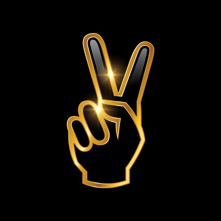 Golden Peace Hand Sign Vector Sign illustration in black background with gold shine effectのイラスト素材