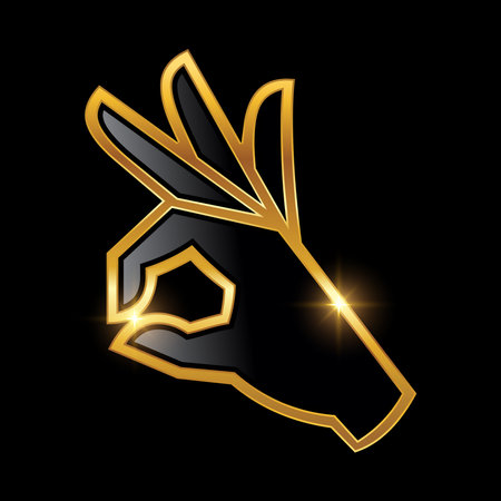 Golden OK Hand Sign Vector Illustration in black background with gold shine effectのイラスト素材