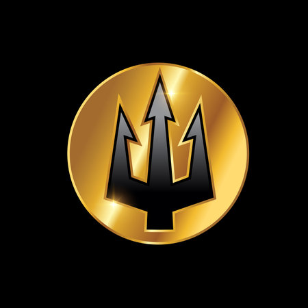 Golden Luxury Trident Logo Vector Sign Illustration in black background with gold shine effect