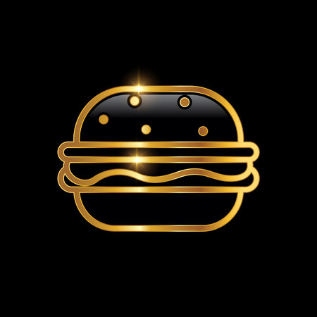 Golden Luxury Burger Vector Sign Illustration in black background with gold shine effectのイラスト素材
