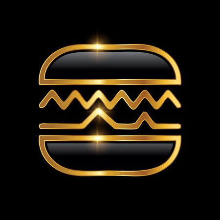 Golden Luxury Burger Vector Sign Illustration in black background with gold shine effectのイラスト素材