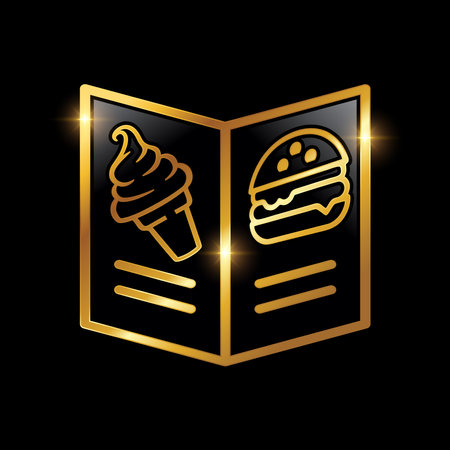 A vector illustration of Golden Luxury Menu Book Vector Icon in black background with gold shine effectのイラスト素材