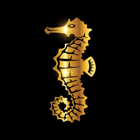 Vector Illustration of Golden Sea Horse vector Icon in black background with gold shine effectのイラスト素材