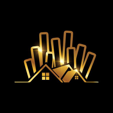 A vector illustration of Golden Luxury Real Estate vector Icon in black background with gold shine effectのイラスト素材