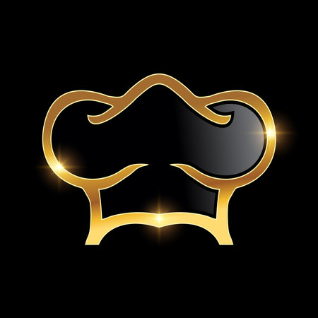 A vector Illustration of Golden Luxury Chef Hat Vector Icon in black background with gold shine effectのイラスト素材