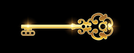 A vector Illustration of Golden Luxury Key Vector Icon in black background with gold shine effectのイラスト素材