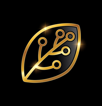 Golden Luxury Techno Leaf Vector icon Illustration in black background with gold shine effectのイラスト素材