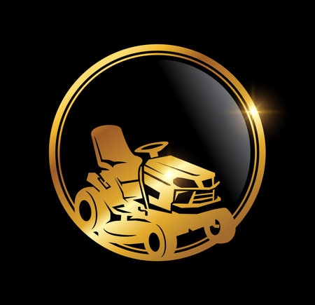A vector Illustration of Golden Luxury Lawn Mower Logo Icon in black background with gold shine effectのイラスト素材