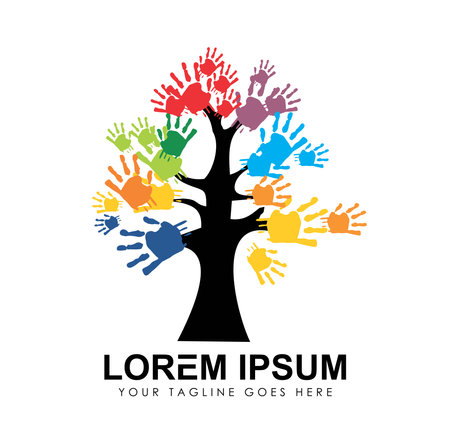 Tree with Multi Color Hand Logo Vector Icon Sign illustration in white background isolatedのイラスト素材