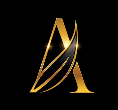 A vector Illustration  in black background with gold shine effect of Golden Leaf Monogram Logo Initial Letter Aのイラスト素材