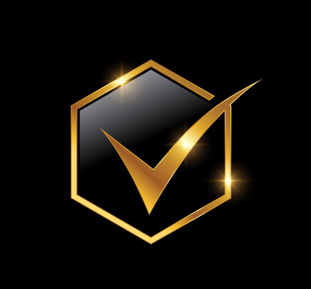 A vector Illustration in black background with gold shine effect of Golden Check Mark Logo Vector iconのイラスト素材
