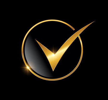 A vector Illustration in black background with gold shine effect of Golden Check Mark Logo Vector iconのイラスト素材