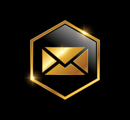 A vector Illustration  in black background with gold shine effect of Golden Envelope Mail Logo Vector Iconのイラスト素材