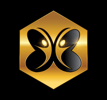 A vector Illustration  in black background with gold shine effect of Golden Butterfly People Logo vector iconのイラスト素材