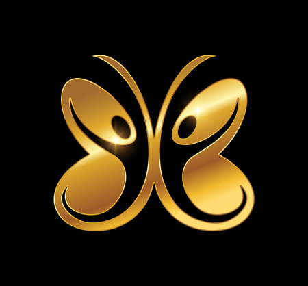 A vector Illustration  in black background with gold shine effect of Golden Butterfly People Logo vector iconのイラスト素材