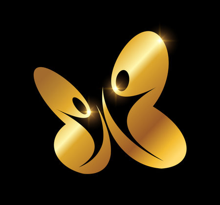 A vector Illustration  in black background with gold shine effect of Golden Butterfly People Logo vector iconのイラスト素材