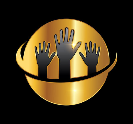 A vector Illustration  in black background with gold shine effect of Golden Hand Up Logo Vector Iconのイラスト素材