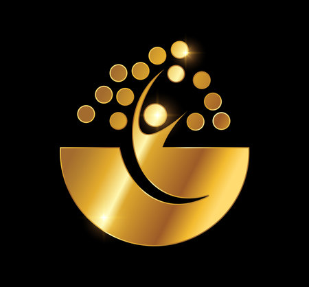 A vector Illustration  in black background with gold shine effect of Golden Hand Up Logo Vector Iconのイラスト素材