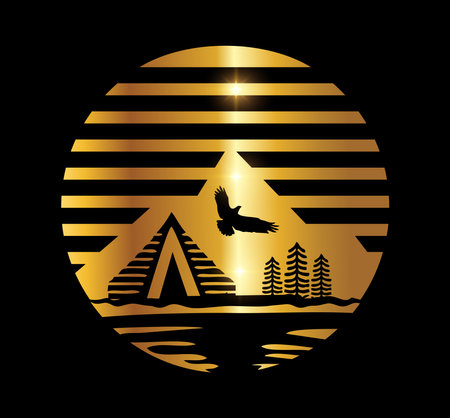 A vector Illustration in black background with gold shine effect of Golden Mountain Logo Vector Iconのイラスト素材