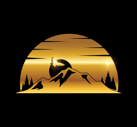 A vector Illustration  in black background with gold shine effect of Golden Mountain Logo Vector Iconのイラスト素材