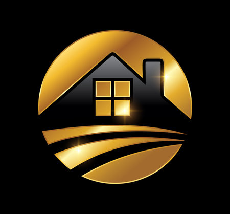 A vector Illustration  in black background with gold shine effect of Golden House Hut Logo Vector Iconのイラスト素材