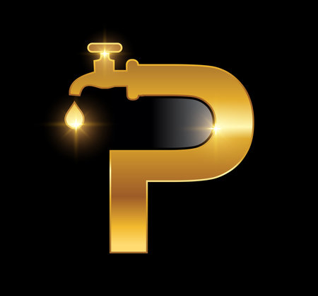 A vector Illustration in black background with gold shine effect of Golden Plumbing Logo Initial Letter Pのイラスト素材