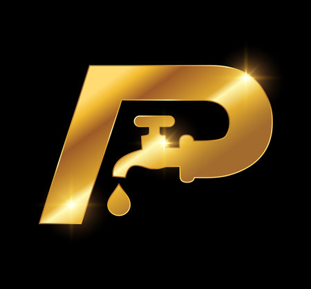 A vector Illustration in black background with gold shine effect of Golden Plumbing Logo Initial Letter Pのイラスト素材