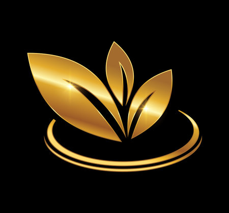 A vector Illustration in black background with gold shine effect of Golden Leaf Logo Vector Iconのイラスト素材
