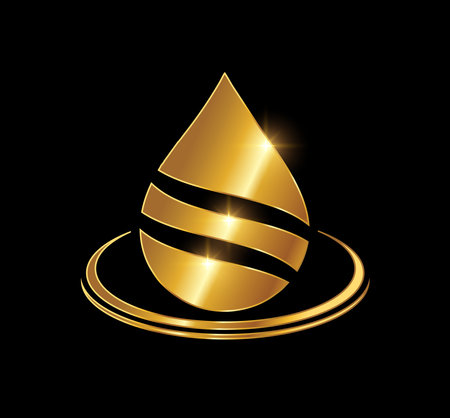 A vector Illustration  in black background with gold shine effect of Golden Water Drop Logo Vector Iconのイラスト素材