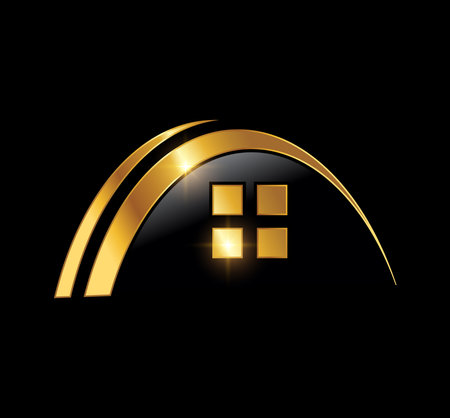 A vector Illustration on black background with gold shine effect of Golden Swoosh Home Logo Iconのイラスト素材