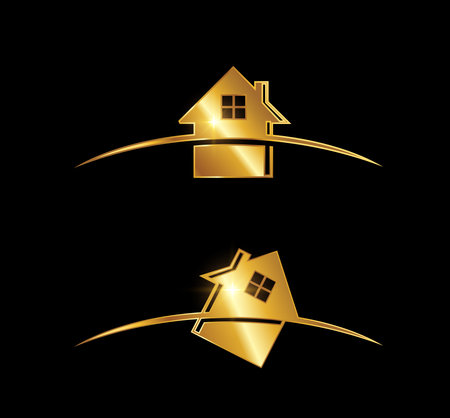 A vector Illustration on black background with gold shine effect of Golden Swoosh Home Logo Iconのイラスト素材