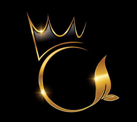 A vector Illustration on black background with gold shine effect of Golden Crown and Leaf Circle Logo Iconのイラスト素材