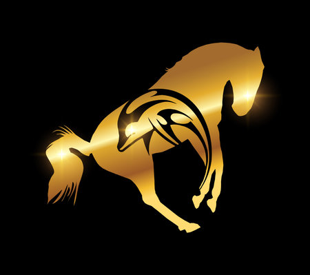 A vector Illustration on black background with gold shine effect of Golden Horse in Circle Logo Iconのイラスト素材