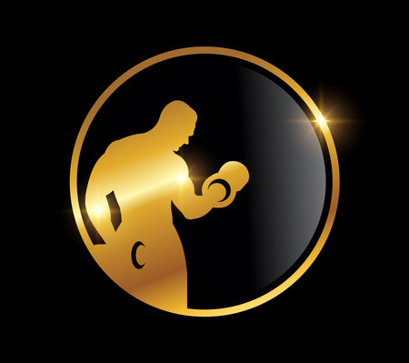 A vector Illustration on black background with gold shine effect of Golden Man Fitness Logo iconのイラスト素材