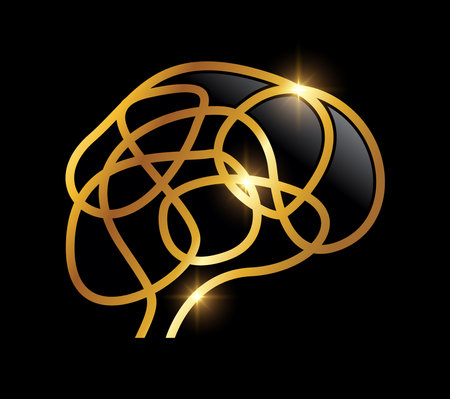 A vector Illustration on black background with gold shine effect of Golden Human Brain Logo Iconのイラスト素材