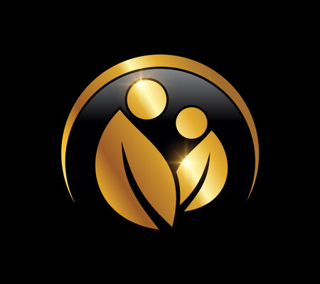 A vector Illustration on black background with gold shine effect of Golden Leaf People Logo Iconのイラスト素材