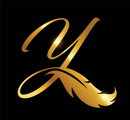 A Vector Illustration of Golden Feather Monogram Logo Initial Letter Y in black background with gold shine effectのイラスト素材