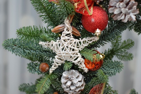 Christmas decoration of holly berry and pine coneの写真素材