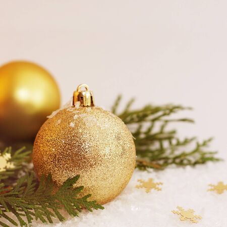 Christmas golden tree globes and decorationの写真素材